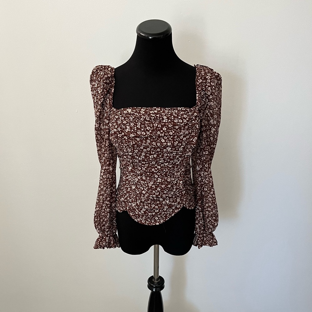 Astr Floral Brown Blouse with Square Neckline